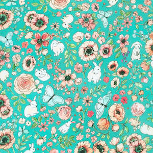 Aqua Teal Fabric: Bunny Lane Flowers in Teal