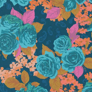 Aqua Teal Fabric: Paisley Rose - Paisley Rose in Prussian Blue