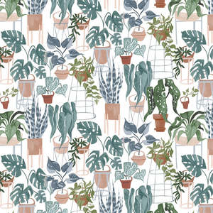 Green Fabric: Fronds and Felines House Plants in White