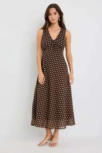 Among The Brave: Among The Brave Infinity Chocolate Polka Dot Sleeveless Bias Midi Dress - Chocolate Polka Dot