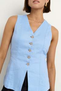 Among The Brave Eiffel Pale Blue Linen Fitted Longline Vest - Pale Blue