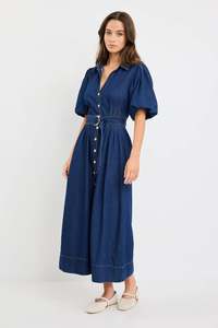 Among The Brave: Among The Brave Dusk Indigo Denim Puff Sleeve Maxi Shirt Dress