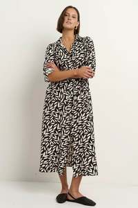 Among The Brave Cyprus Black Leaves LS Shirt Midi Dress - Black Leaves