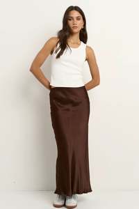 Ivy Jack: Ivy + Jack Rosette Chocolate Satin Bias Midi Skirt - Chocolate