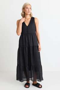 Ivy Jack: Ivy + Jack  Pacific Black Cotton Voile Sleeveless Button Front Tiered Maxi Dress - Black