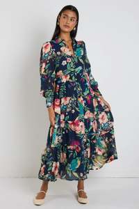 By Rosa - Adair Navy Vibrant Floral Long Sleeve Tiered Shirt Style Maxi Dress