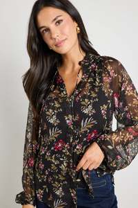 By Rosa Deft Black Posy Floral Sheer LS Blouse - Black Posy Floral