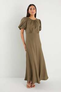 Stories Be Told Stage Khaki Linen Blend Puff Sleeve Floaty Maxi Dress - Khaki