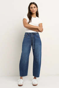 Stories Be Told Campus Deep Blue Tie Waist Barrel Jeans
