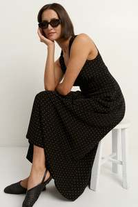 Stories Be Told Aston Black Ditsy Polka Dot Satin Bias Flared Maxi Dress