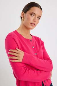 Stories Be Told: Stories Be Told Autograph Hot Pink Cashmere Blend Crewneck Cardigan - Hot Pink