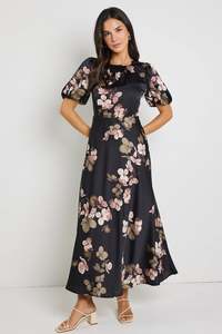 Stories Be Told Stage Black Floral Satin Puff Sleeve Floaty Maxi Dress - Black Floral