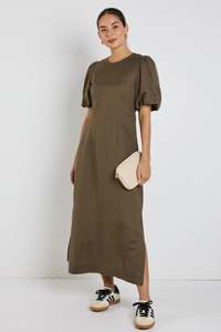 Stories Be Told Elder Khaki Linen Blend Puff Sleeve Midi Dress - Khaki