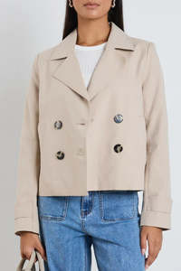 Stories Be Told: Stories Be Told Pathway Taupe Cropped Trench Jacket - Taupe