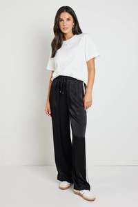 Stories Be Told Townie Black Satin Side Stripe Elastic Waist Pants - Black Satin