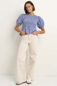 Among The Brave: Among The Brave Requite Blue Gingham Shirred Body SS Top - Navy Gingham