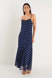 Stories Be Told: Stories Be Told Reign Navy Polka Dot Georgette Strappy Maxi Dress