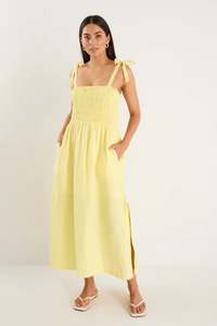 Good Friday Discount: RE: Union Label Vacation Canary Yellow Strappy Shirred Midi Dress - Canary