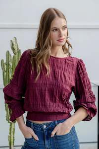Ivy Jack: Ivy + Jack Imagine Burgundy Shirred Cotton Frill Sleeve LS Top