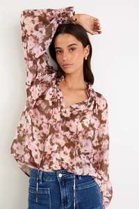 Among The Brave Odyssey Blush Chocolate Floral Shirred Neck LS Top - Blush Chocolate Floral
