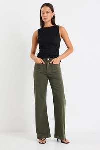 Among The Brave Zoey Dark Khaki High Rise Wide Leg Pocket Jean - Dark Khaki