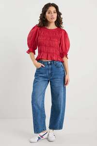 Ivy + Jack Melodic Red SS Shirred Body Top - Red