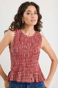 Ivy + Jack Lonely Red Cream Gingham Shirred Shell Top