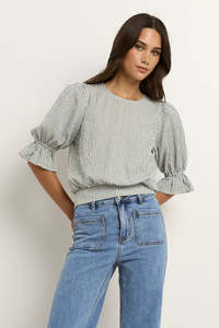 Ivy + Jack Lovely Khaki Stripe Shirred Back SS Top