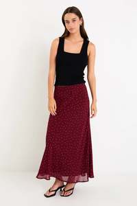 Stories Be Told Emporium Burgundy Polka Dot Satin Bias Cut Midi Skirt - Burgundy Polka