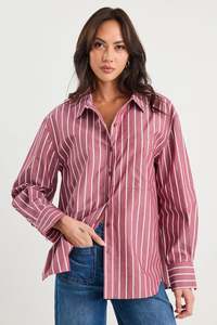 Stories Be Told: Stories Be Told You Got This Burgundy Stripe Oversized Boyfriend Shirt - Burgundy Stripe