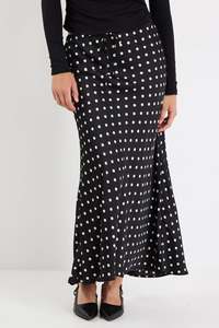 Stories Be Told Rarity Black White Polka Dot Satin Tie Waist Bias Maxi Skirt - B&hellip;