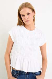Stories Be Told: Stories Be Told Neat White Slub Shirred Detail SS Tee