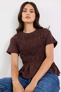 Stories Be Told Neat Chocolate Slub Shirred Detail SS Tee