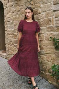 Ivy + Jack Graceful Burgundy Shirred Cotton Bubble Short Sleeve Tiered Maxi Dress