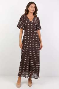 Among the Brave Aura Chocolate Polka Dot Puff Short Sleeve Bias Midi Dress