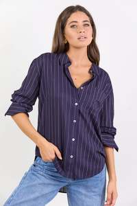 RE: Union Label Exalted Navy Stripe Linen Viscose Oversized Shirt