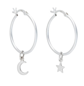 Earrings: Wicken: Baby Star and Moon Hoop Earrings - Silver