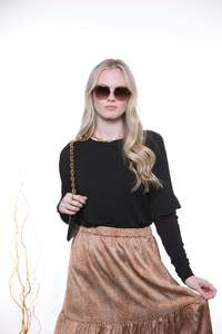 Long Sleeve Tops: Ruffle Sleeve LS Tee - Black