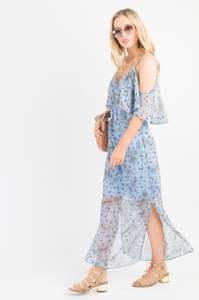 Ruffle Cami Maxi Dress - Blue print