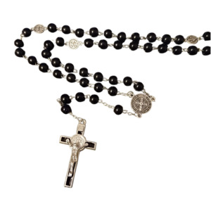 Rosaries: Rosary: St Benedict Black Glass Silver Plated
