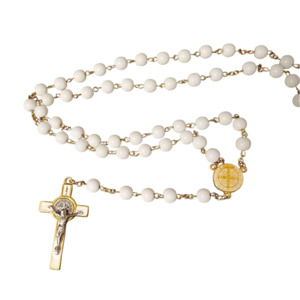 Rosary: St Benedict White Glass Gold Plated