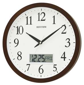 Clocks: Rhythm Wooden Wall Clock with LCD Silent Silky Movement CFG903NR06