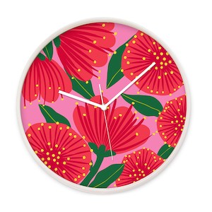 Bright Botanical Pink Pohutukawa Wooden Frame Clock