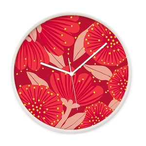 Bright Botanical Red Pohutukawa Wooden Frame Clock