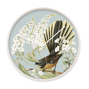 Fantail and Fiordland Parahebe Wooden Frame Clock