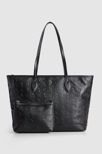 Black Handbags: Embossed Tote Bag With Pouch