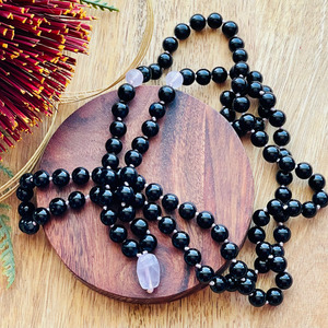 Black Agate and Rose Quartz Knotted Japa Mala Strength Within