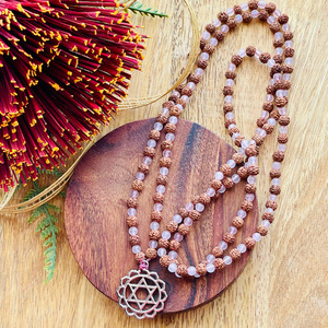 Rose Quartz and Rudraksha Crystal Mala Strength Within