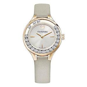 Watch: LOVELY CRYSTALS MINI WATCH, LEATHER STRAP, GREY, ROSE-GOLD TONE PVD
