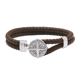 CAPE HORN: 10mm polished steel bracelet with brown braided leather straps. 21cm. One size